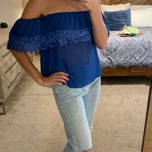 Women's Sheer Blue Cold Shoulder Top